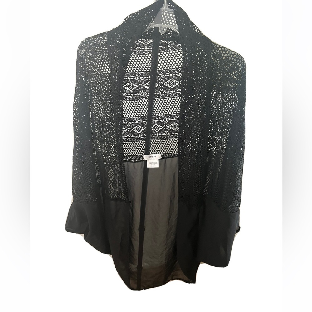 Guess. Black mesh swim coverup. Shrug. Used. Crochet. - Picture 1 of 8